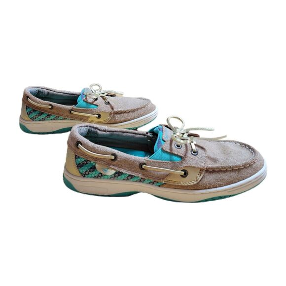 Other - Sperry Girls 5m Leather Topsider Butterflyfish Green Sequin Boat Shoes READ